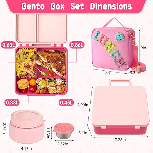 Miniatura 5 de Lonchera Bento para niños con termo de sopa de 8 onzas, recipientes de comida a prueba de fugas para niños con 4 compartimentos, tarro de comida
