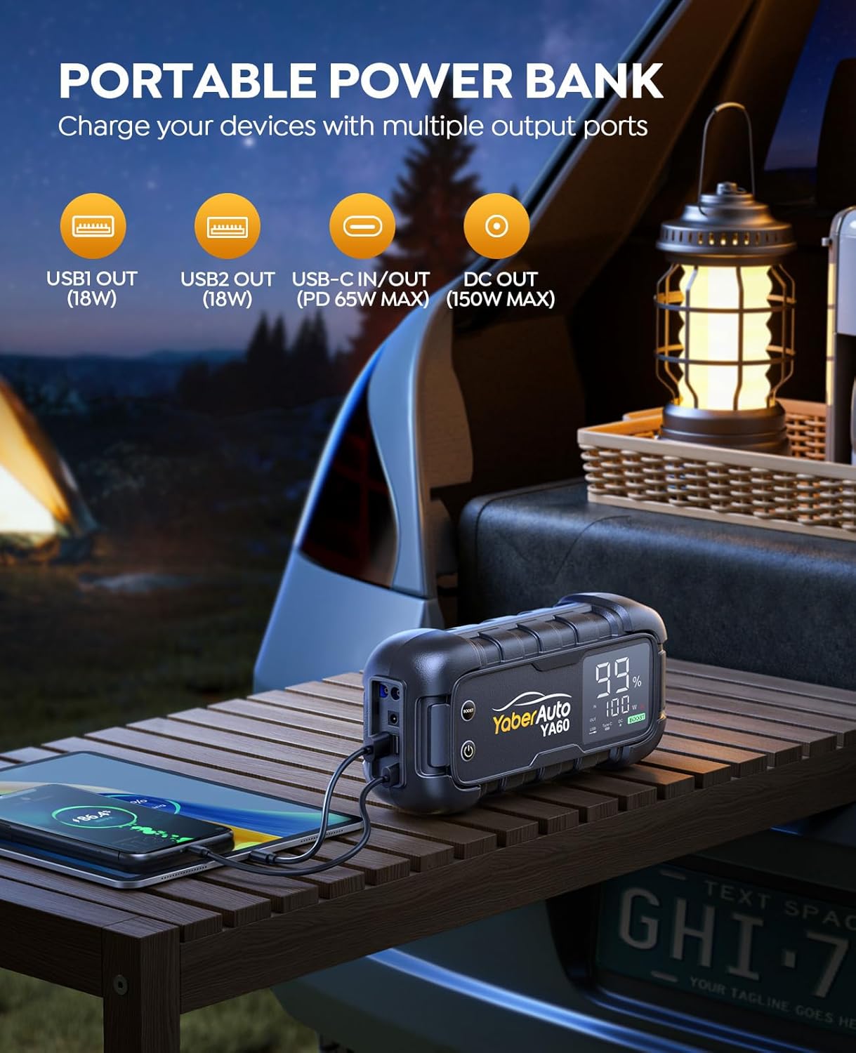 YaberAuto Jump Starter 8000A 65W Fast Charging (All Gas/12.0L Diesel) Portable Car Battery Jump Starter Pack, Jump Box Car Battery Jumper Starter Portable Jumper Cables, 150W DC, 600LM Lights - Image 4