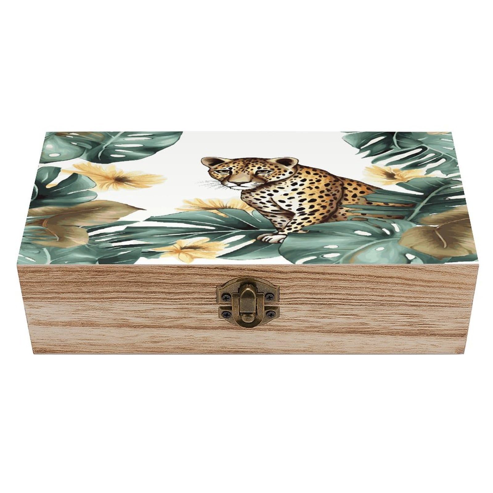 JTREHY Leopard And Palm Leaves Wooden Keepsake Box Vintage-Style Wood Keepsake Case with Hinged Lid Solid Wood Boxes Beautifully Memory Treasure Case Vintage-Style Wooden Storage Box