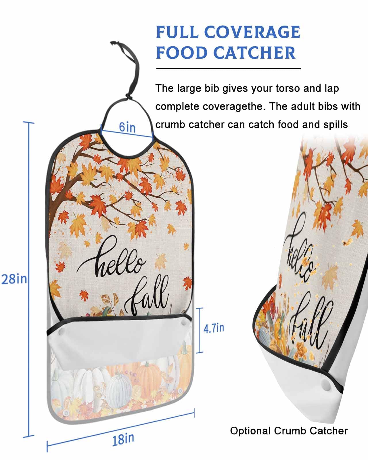LEOKOTI Hello Fall Adult Bibs for Eating, Waterproof Bibs with Food Catcher & Adjustable Snap Closure, Pumpkins Autumn Botanical Thanksgiving Rustic Washable Clothing Protectors Adult Bibs for Elderly