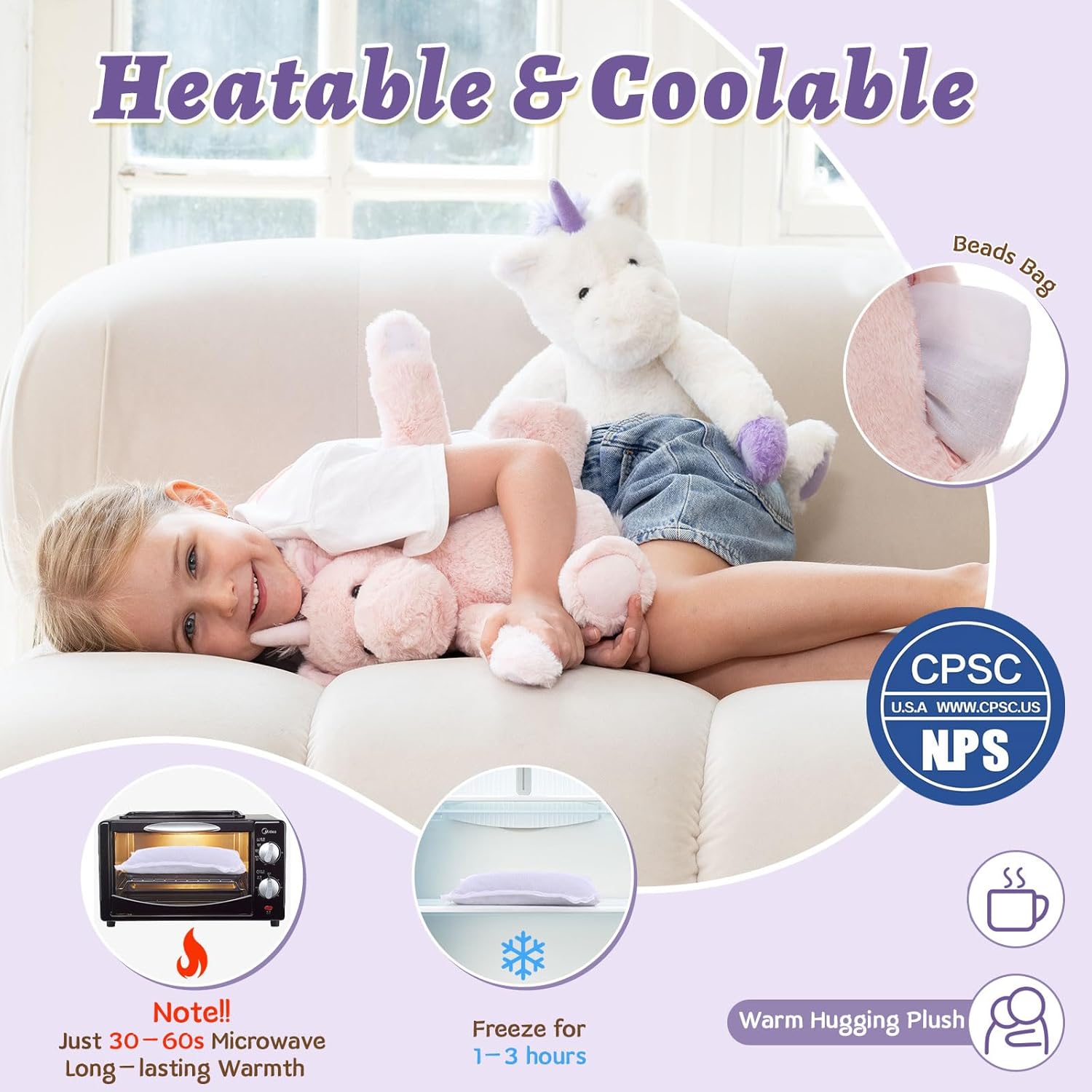 MorisMos Huggable Unicorn Stuffed Animals Duo for Twin Kid Couple,1.3Lbs Freezable & Microwavable Stuffed Animal Unicorn Toys with Heating Pads for Comfort,Cuddly Long-Arm Pony Toy Gift