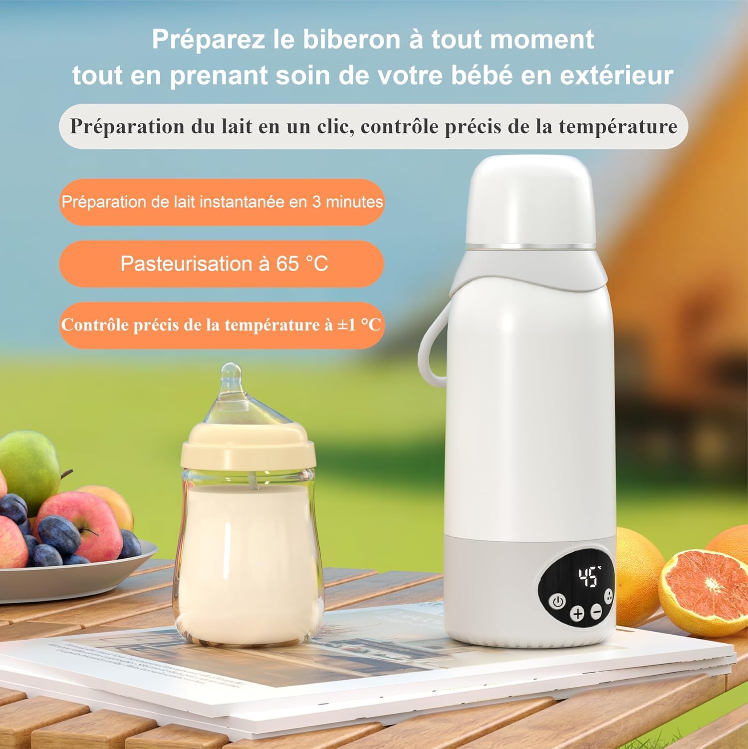 Chauffe Biberon nomade 500ML de voyage, Couvercle-tasse inclus, Batterie longue durée, Chauffe en 3 minutes, Contrôle précis de la température