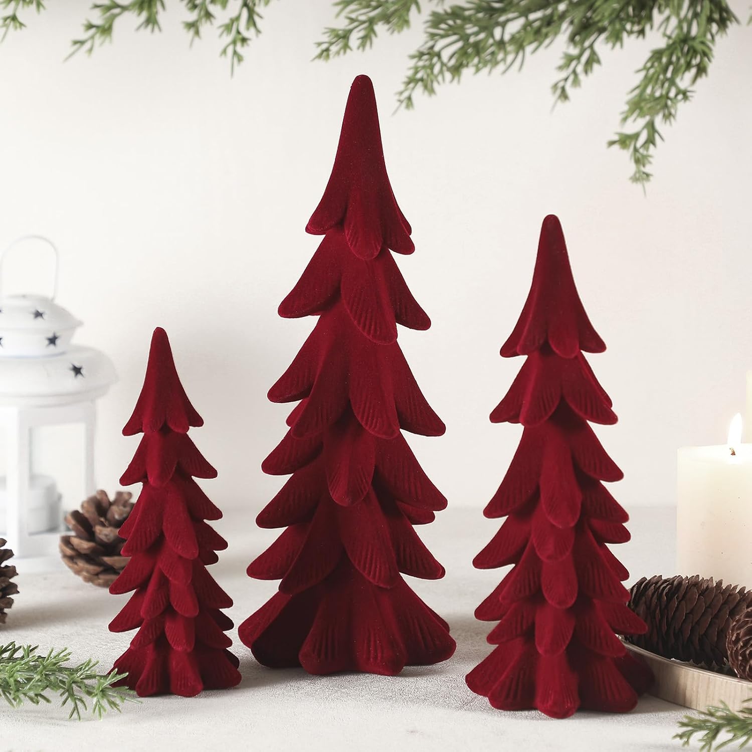 Velvet Christmas Tree Figurines Set of 3 - Tabletop Christmas Tree Figurine Decorations for Indoor Statues Decorative Fireplace Holiday Centerpieces Gifts(Green)