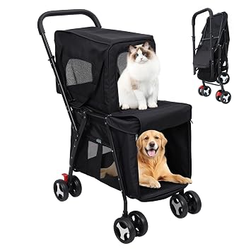 Double Pet Stroller for 2 Small Dogs or Cats, Pet Strollers for 2 Cats, Lightweight Foldable Double Dog Stroller with Detachable Carrier