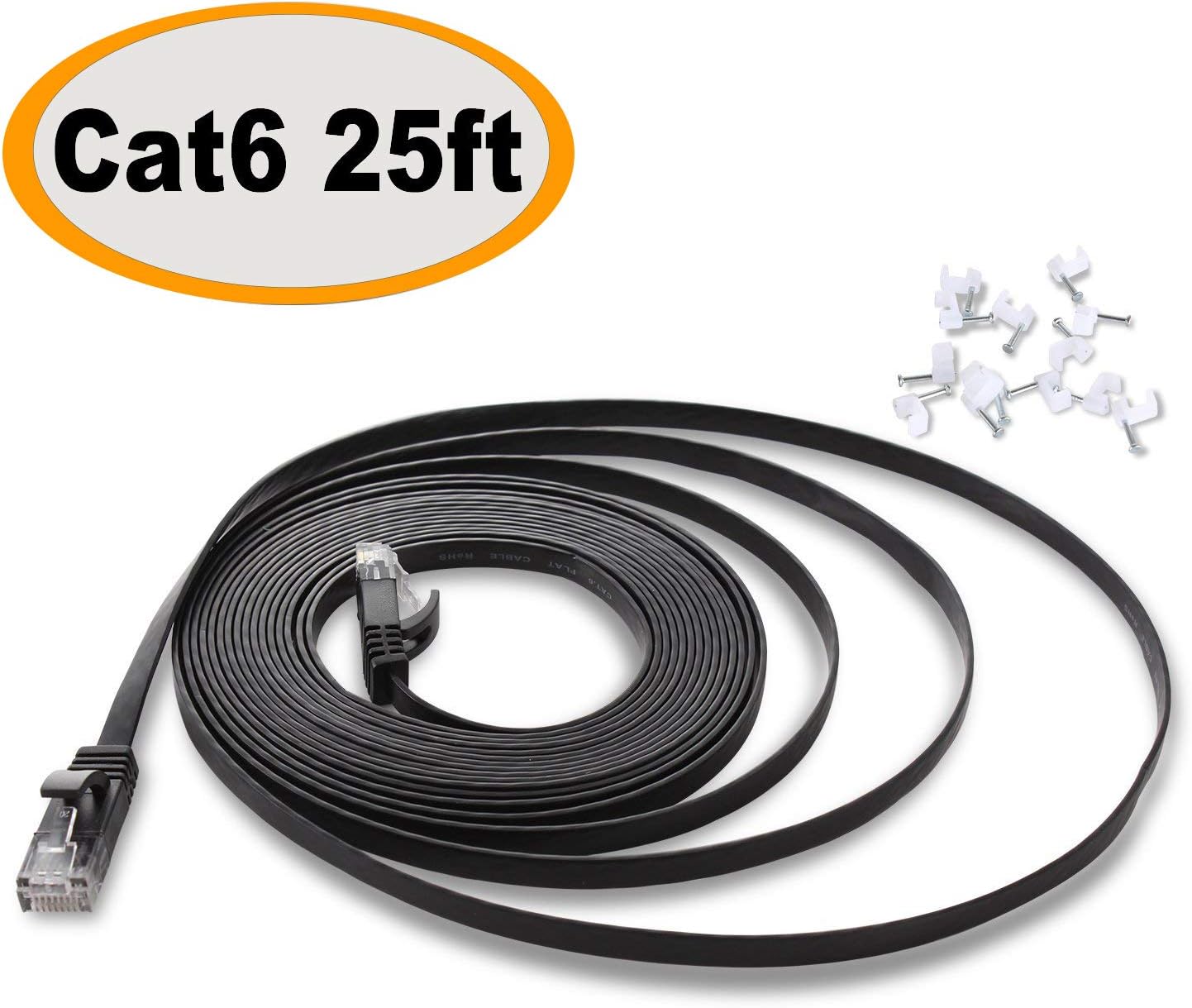Authentic Crazy Deals Cat 6 Ethernet Cable 25 ft Flat, Durable Internet Network Lan patch cord, Sturdy Cat6 High Speed Computer Rj45 wire for Router, modem, PS Xbox, Gaming, switch, TV, Video- faster than Cat5e/Cat5, Black