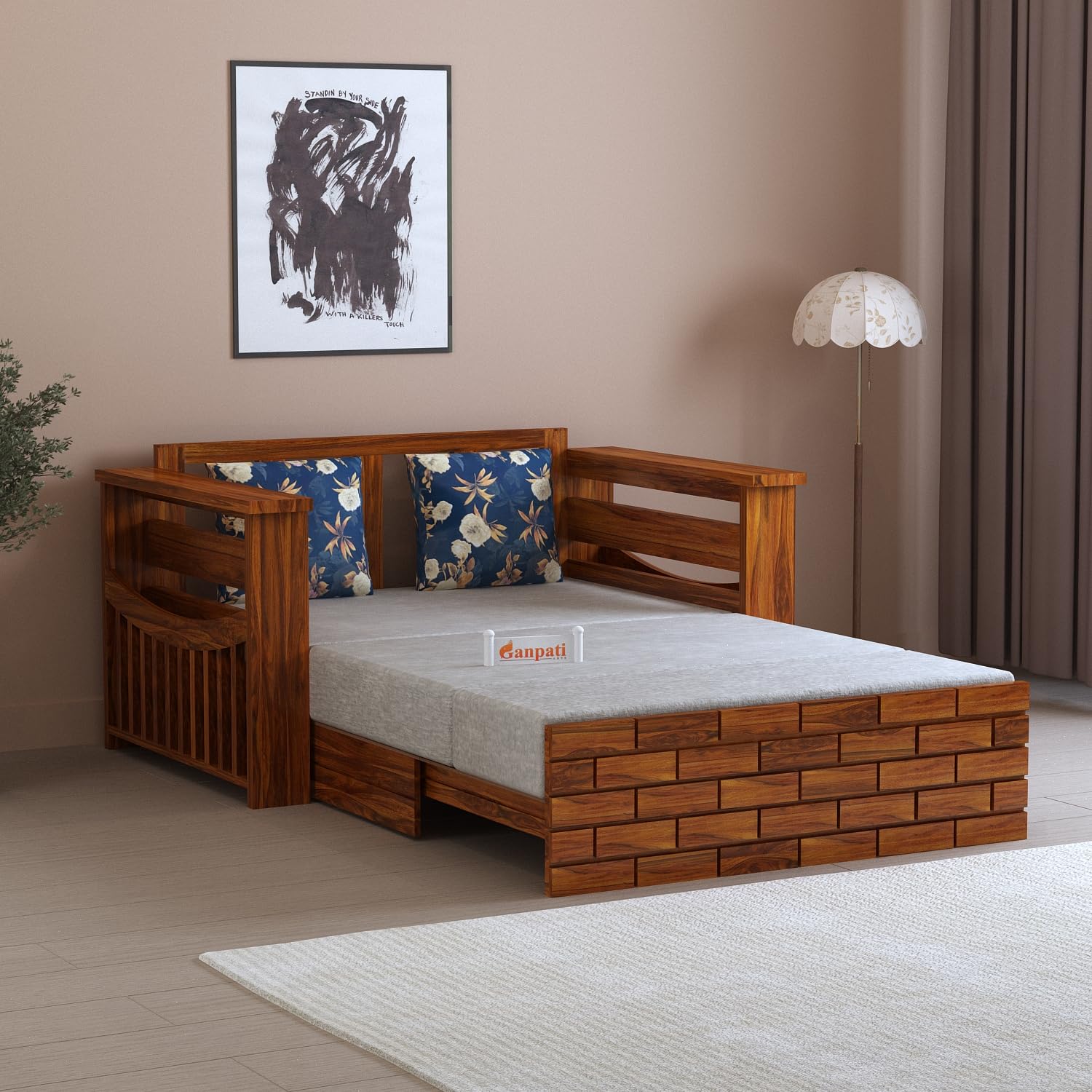 Ganpati Arts Solid Sheesham Wood 2-Person Sofa Italian Sofa Cum Bed With Side Pockets For Living Room Multipurpose Decorative Wooden Furniture (Brown Natural Finish) 1 Year Warranty