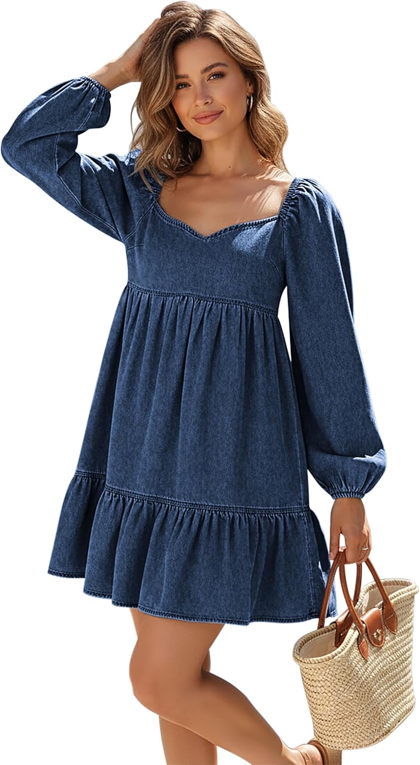 POTILI Denim Dress for Women Puff Short Sleeve Jean Dresses Sweetheart Neck Denim Mini Dress