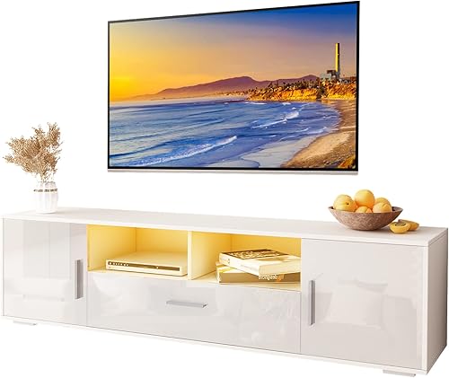 HOUAGI Soporte de TV LED para TV de 32 a 65 pulgadas centro de entretenimiento moderno de alto brillo con cajón de almacenamiento 2 gabinetes de