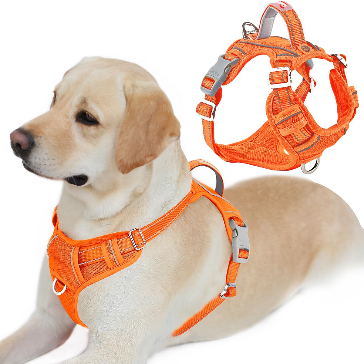 Dog Harness No Pull with ID Tag Pocket - Heavy Duty, Reflective, Easy Control for Large Dogs(Orange,L)