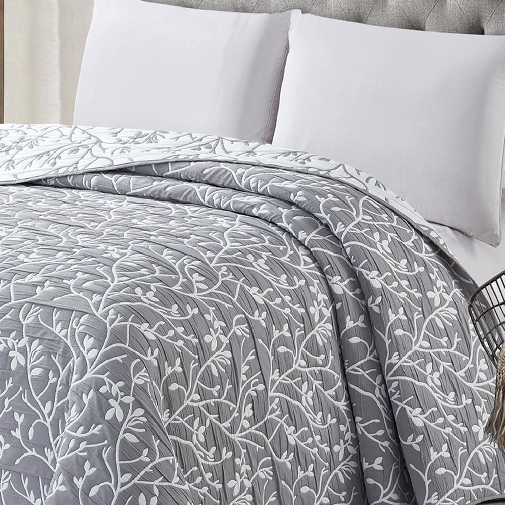 COTTON ARTean Colcha bouti Cama 200 Primavera - Verano - otoño Flory Gris - Reversible poliéster - Jacquard Extra Suave