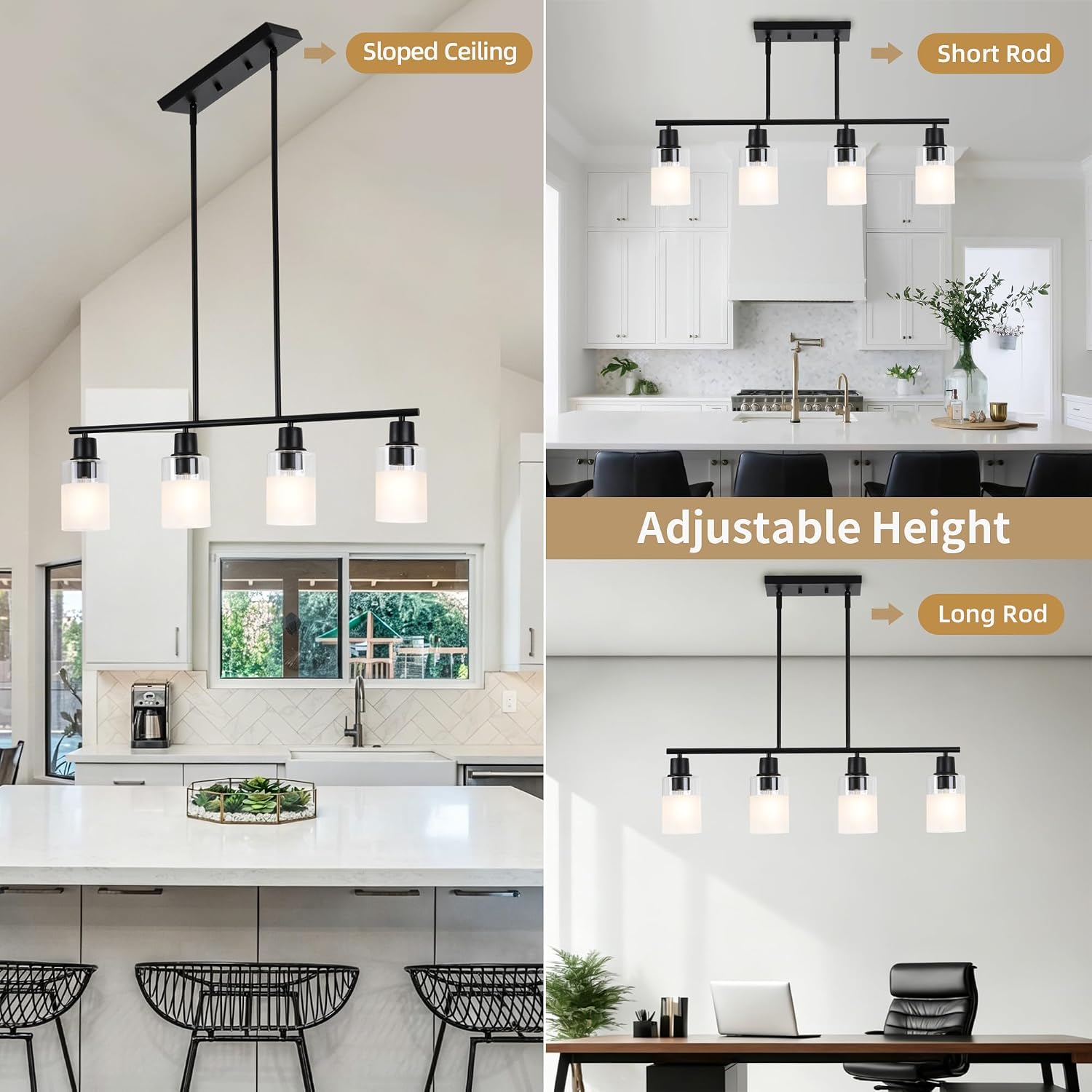 Dining Room Chandelier Light Fixture Over Table with Milk Glass Shade, 4-Light Island Light Hanging for Linear Pendant Light for Kitchen Island Table Living Room with Adjustable Rods, Metal Black