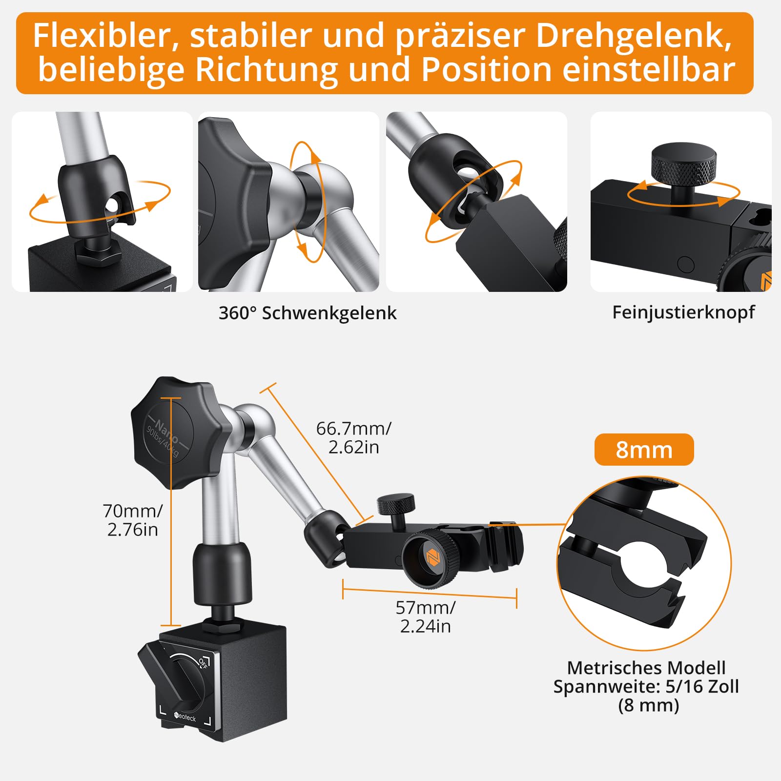 Neoteck Hebel Messuhr mit Magnetstativ Magnetfuß Messtaster 0-0,8 mm Genauigkeit 0,01 mm, Zentralklemmung Messuhrhalte für Messuhr