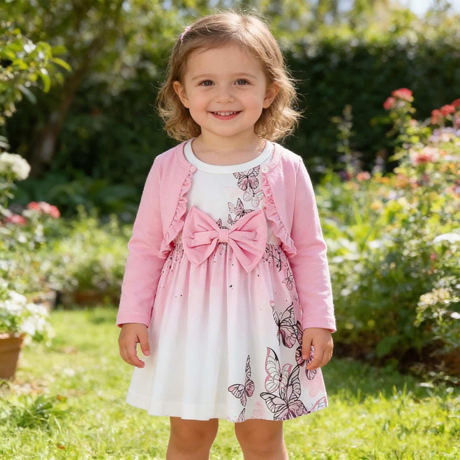 Kunyeah Neonate Vestito e Cardigan Set Infante Shrugle Cappotto Farfalla Stampa Gonna Bambino Manica Lunga Vestito