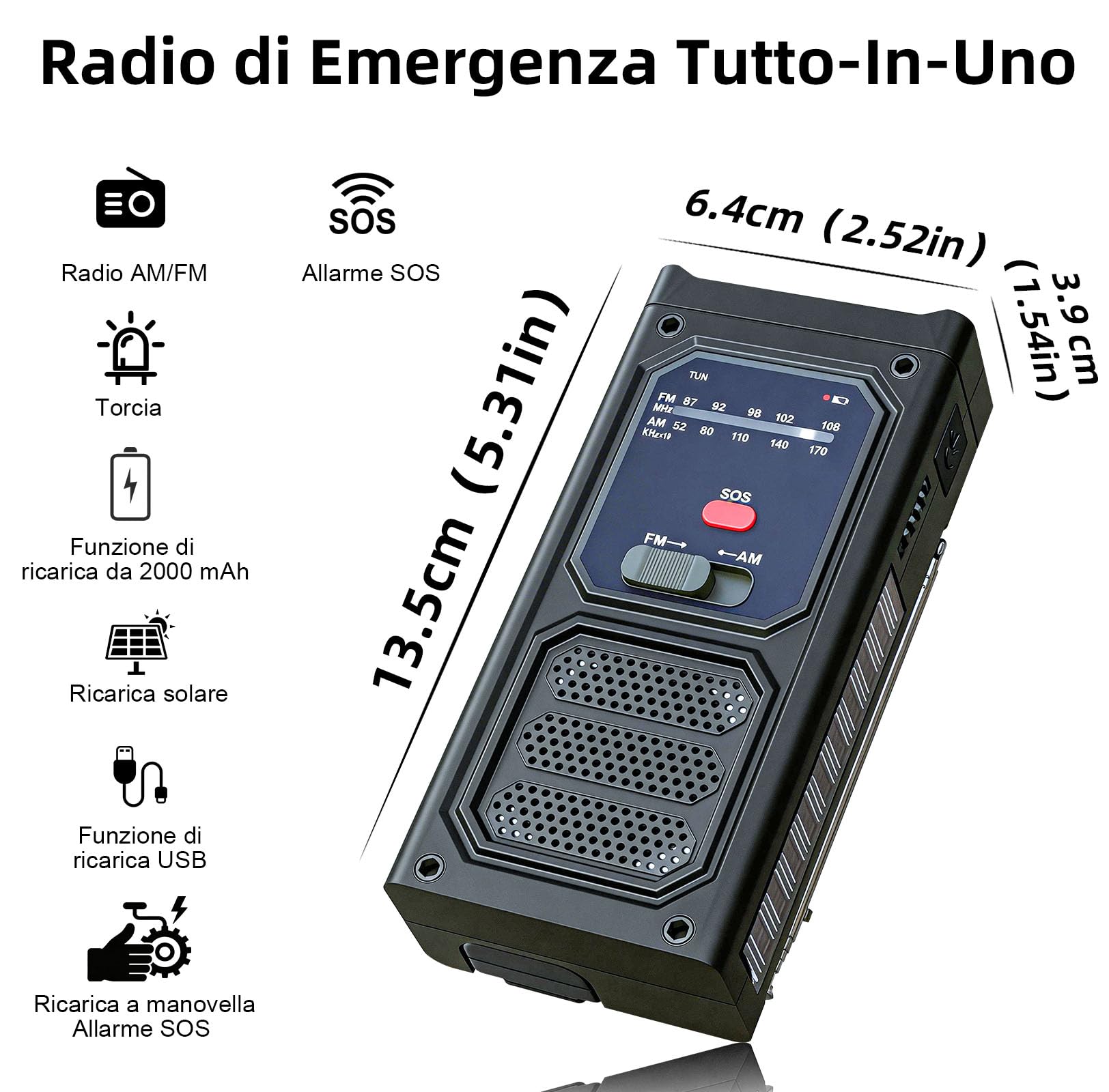Radiolina a Manovella, AM/FM Solar Raio con Torcia LED, Allarme SOS, Radio di Emergenza Portatile con Batteria Ricaricabile da 2000 mAh per Ourdoor Campeggio Emergenza, Nero