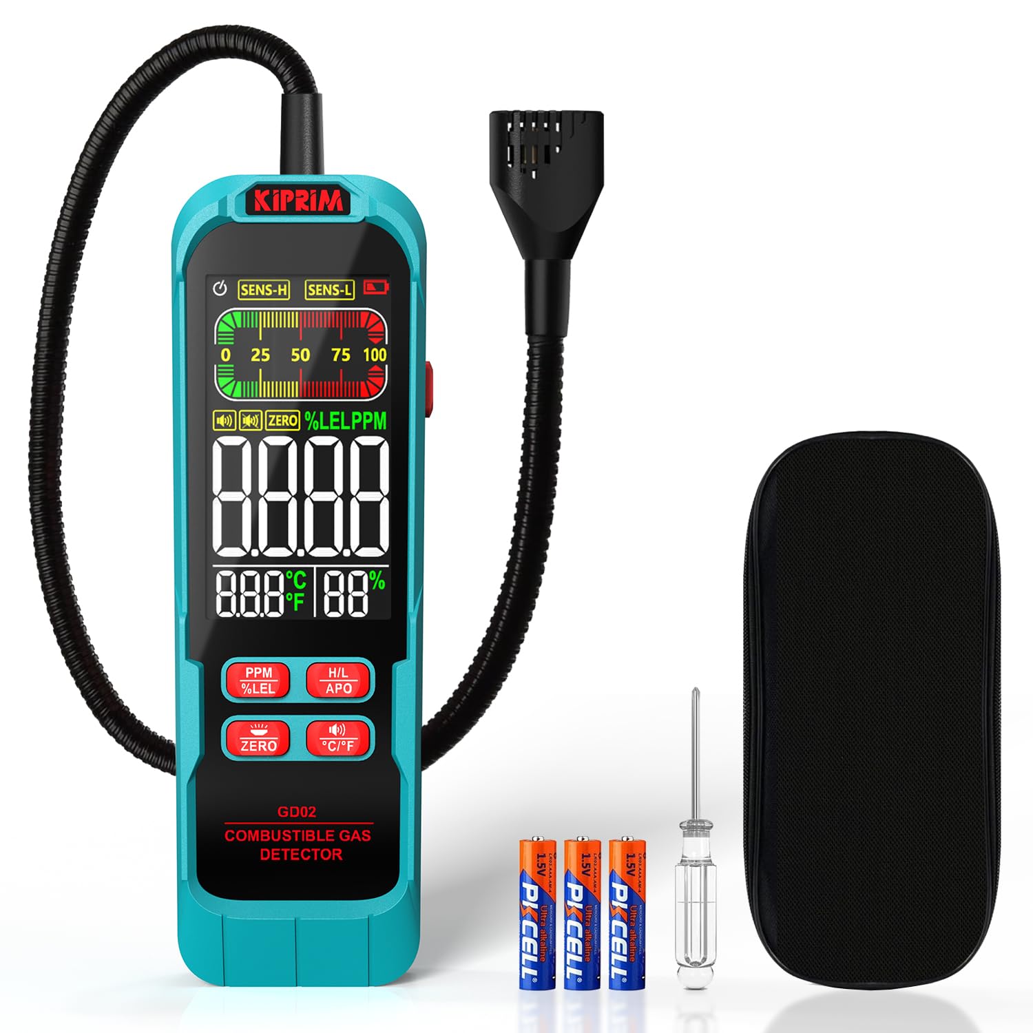Kiprim Gas Leak Detector with Extended 15.7-Inch Gooseneck,PPM or%LEL Gas Real-Time Gas Concentration Display Portable Natural Gas Tester with Audible & Visual Alarm for Home and RV GD02