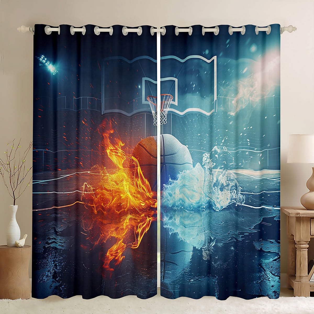 Homemissing Basketball Court Window Drapes Ball Sports Games Curtains for Kids Boys Girls Orange Basketball Window Drapes Treatments Fire Water Window Treatments,W66*L90,2 Panels