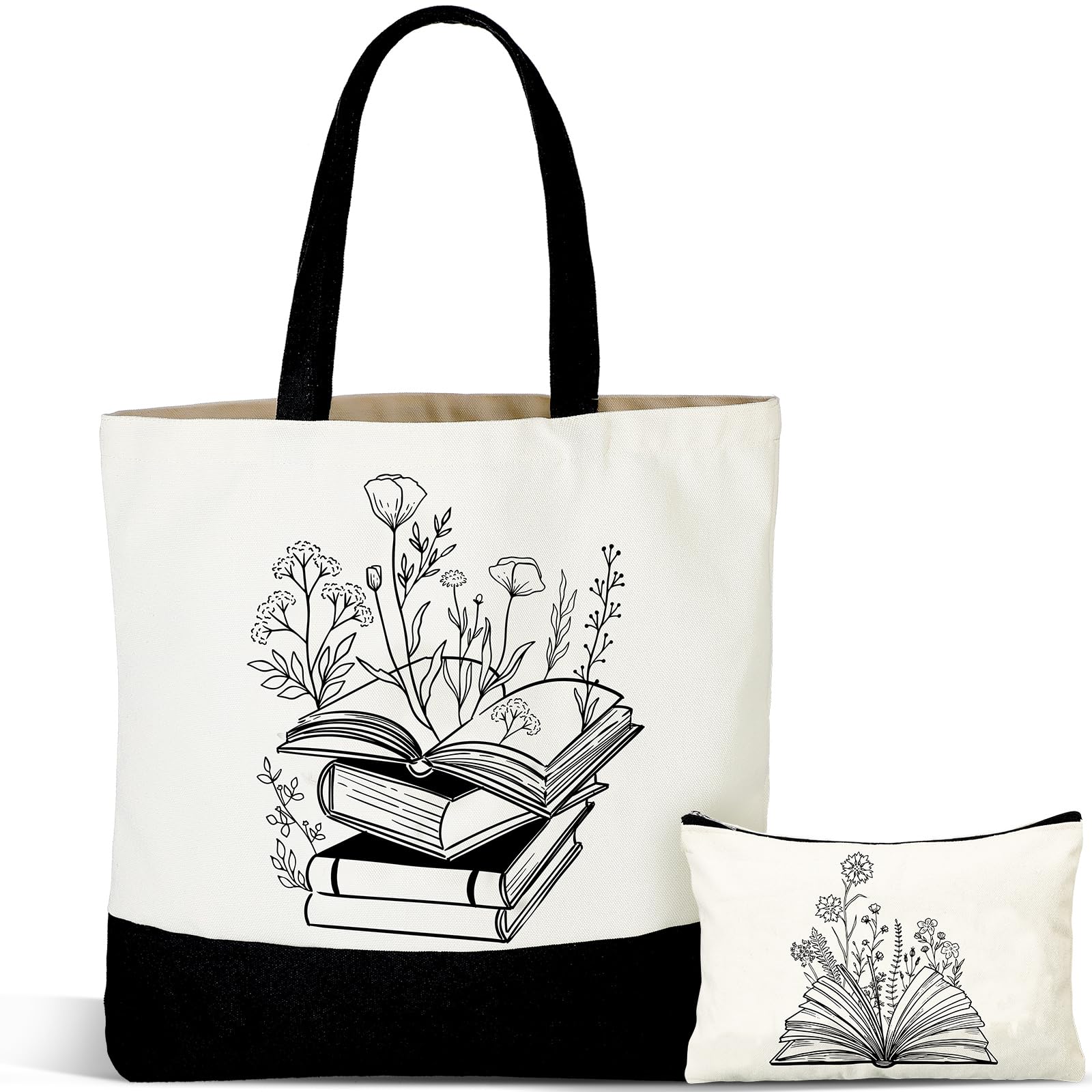Buryeah 2 Pcs Teacher Appreciation Gift Canvas Tote Bag with Makeup Bag Thank You Teacher Tote for Women Graduation(Book)
