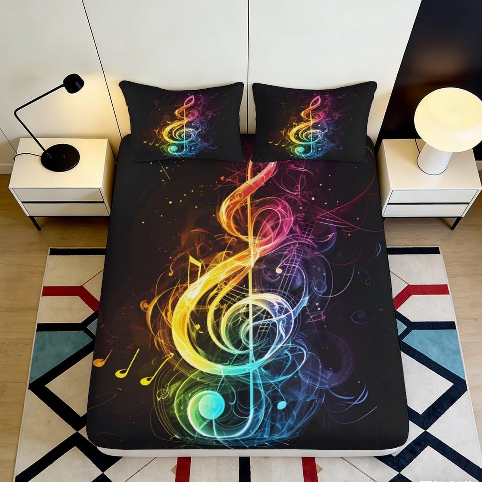 3D Printed Rainbow Music Note Fitted Sheet Microfiber Vibrant Art Bed Cover for Bedroom Dorm Mattress Protection 90x200x25cm