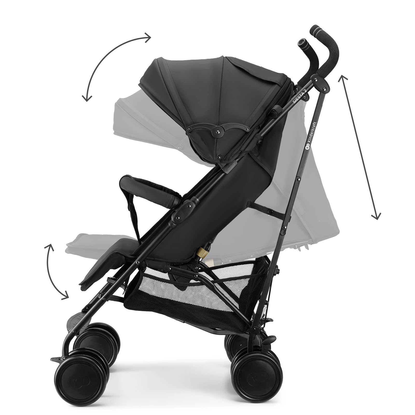 Kinderkraft silla de paseo SIESTA 2 hasta 22 kg, ligera, solo 7,9 kg, plegado tipo paraguas, posición tumbada, reposapiés ajustable, capota transpirable con malla y ventana peekaboo, compacta, Negro
