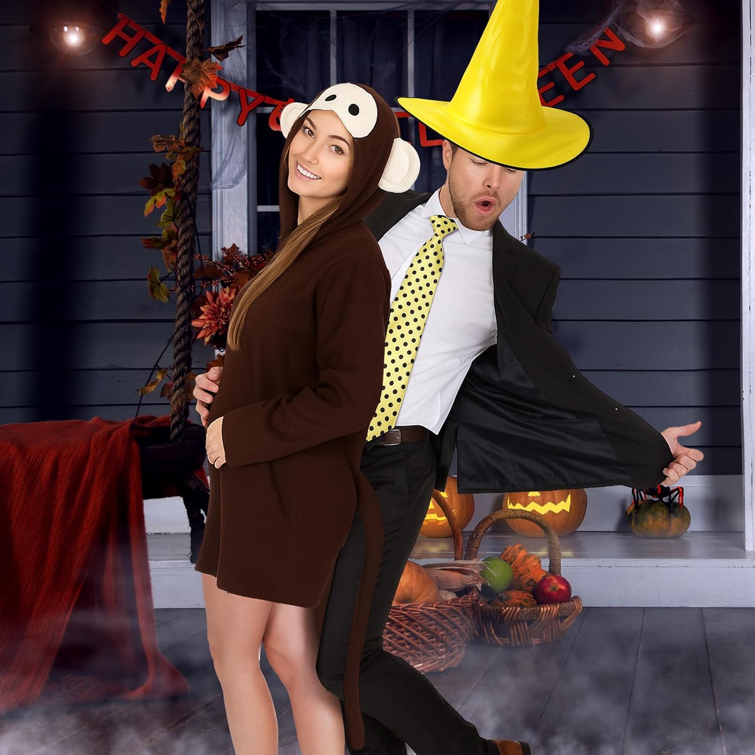 3 Pcs Halloween Monkey Costume for Woman Yellow Hat Polka Dot Tie Set for Man Halloween Curious Couple Cosplay - Image 3