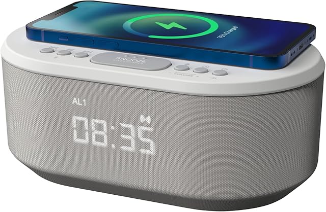 Bedside Wireless Charging Radio Alarm Clock with Dimmable LED Display - Non Ticking Mains Powered Dual Alarm Clock with USB Charger and Bluetooth Speaker