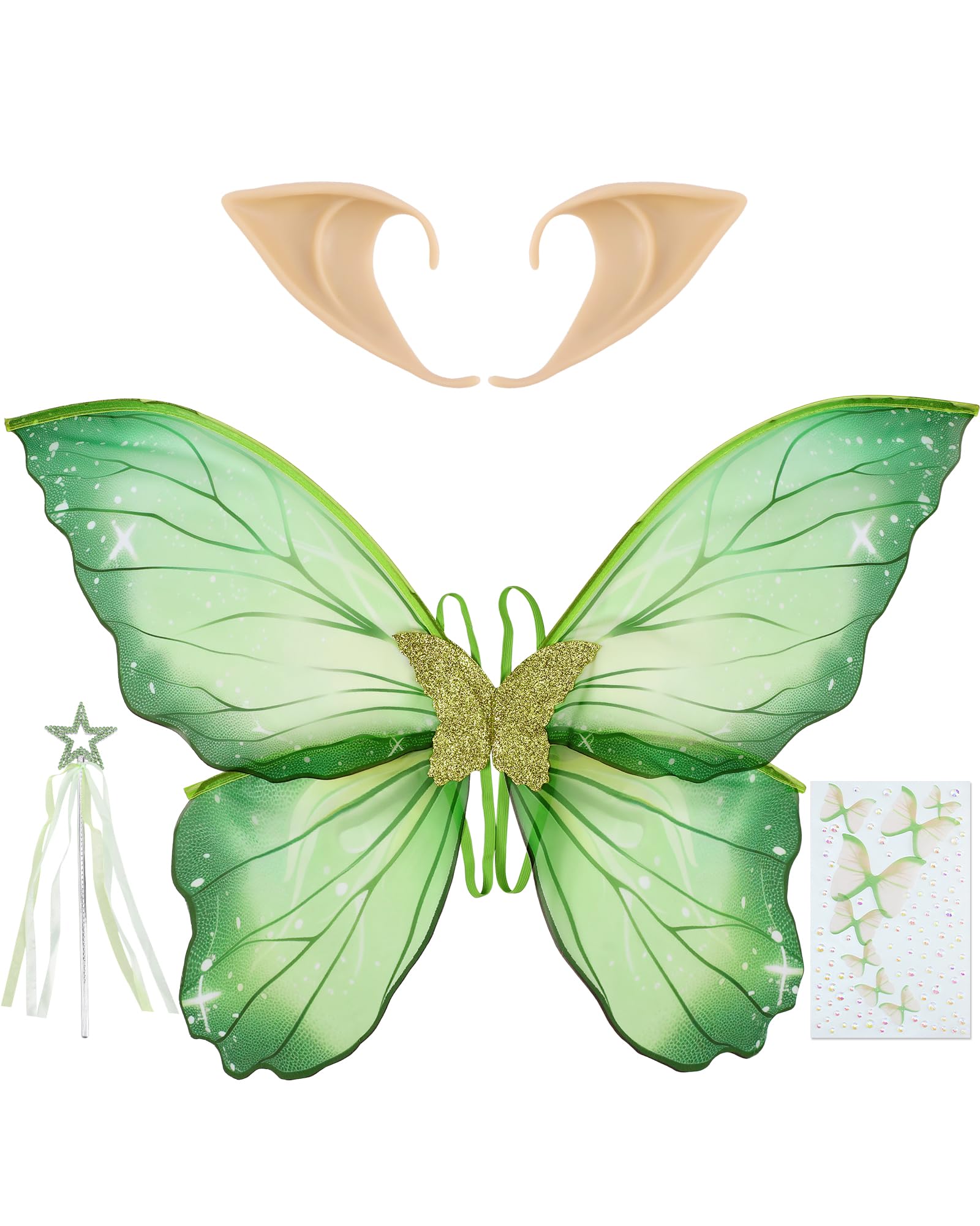 PartyforU 4 Pcs Green Fairy Costumes for Women, Fairy Wings Elf Ears Fairy Wand Butterfly Temporary Tattoos, Halloween Renaissance Party Accessories