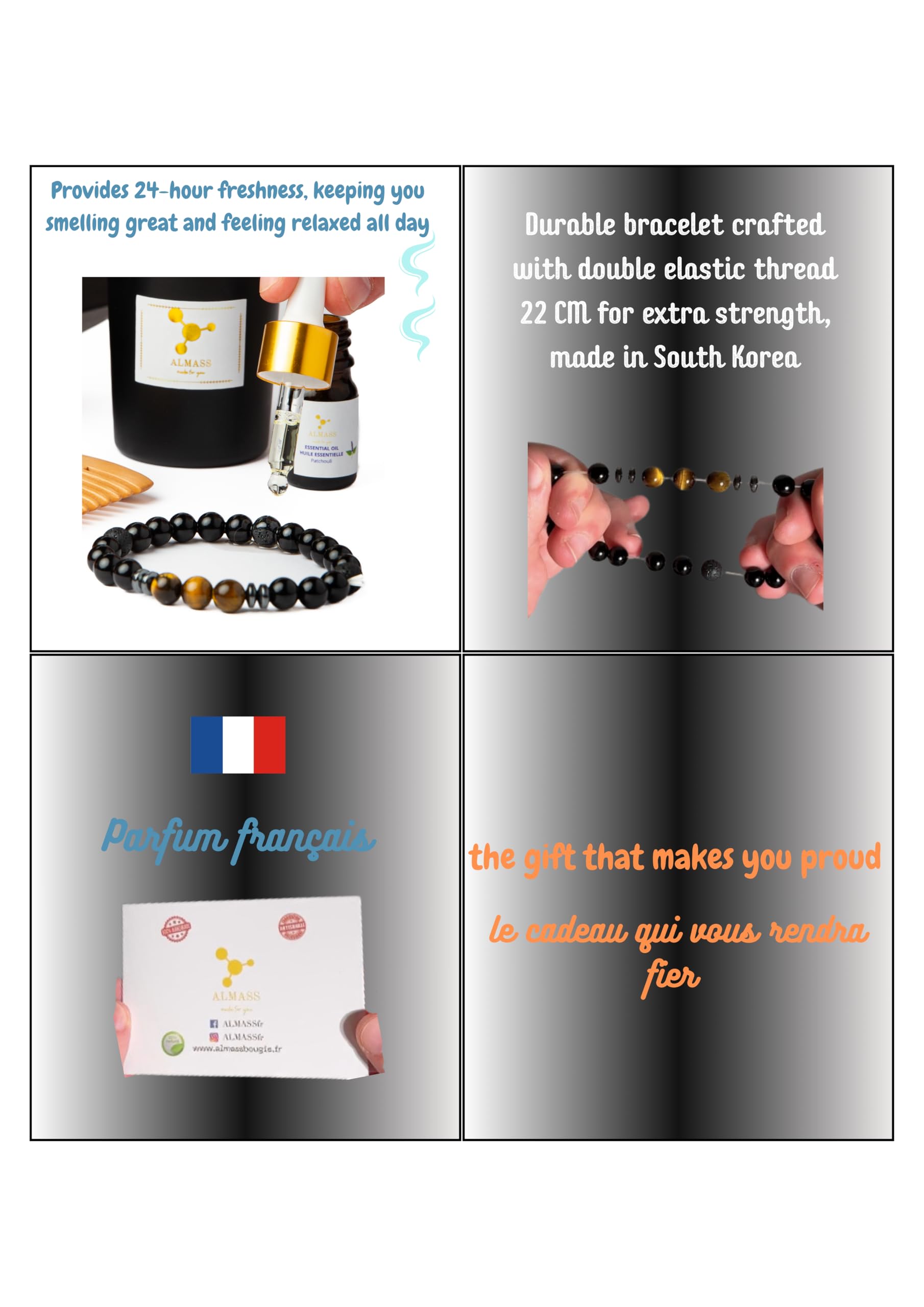 coffret cadeau homme - bijoux homme - ideaa cadeau original : Bougie OUD 100% Naturelle + Bracelet pierres Naturelle Diffuseur huile essentielle + 5ml PATCHOULI+ Peigne en Bois