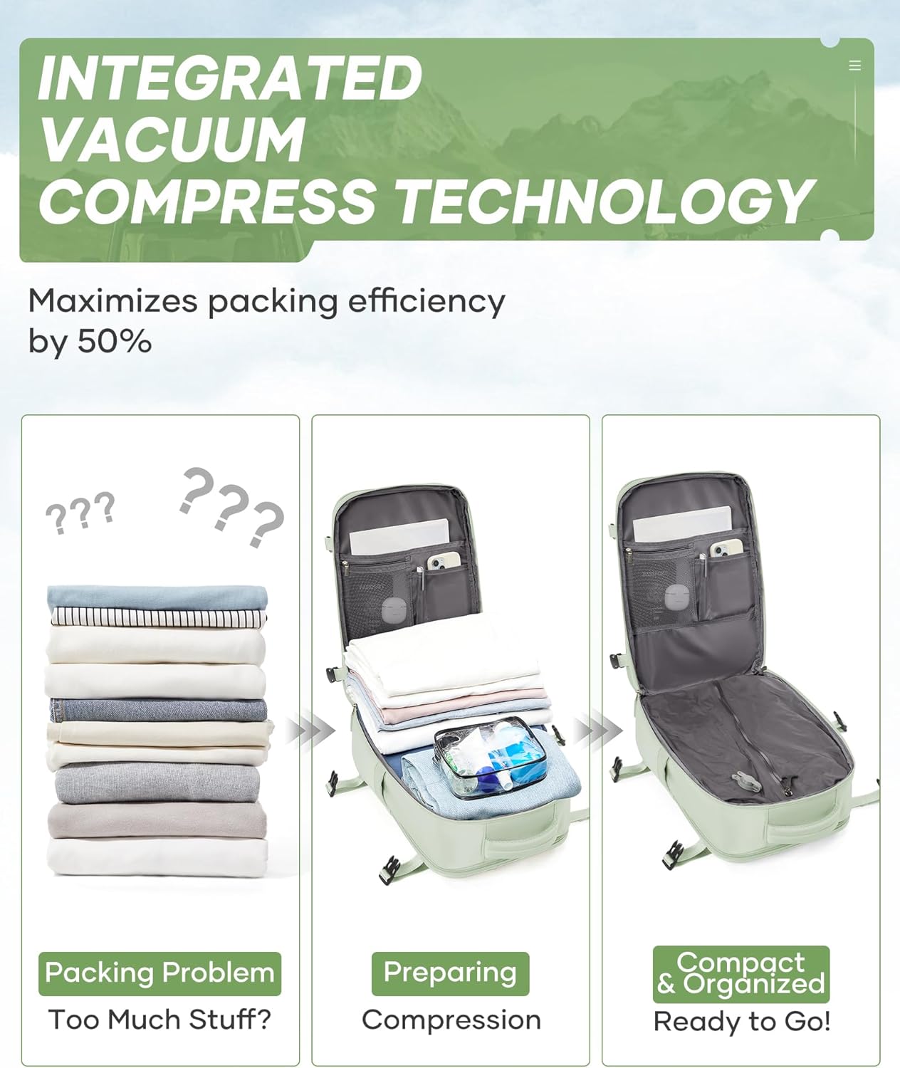 Vacuum Travel Backpack with Electric Vacpack Pump for Women, 40L Expandable Vacuum Compression Bags Personal Item Backpacks Flight Approved Traveling Carry on Suitcase Luggage, Light Green - Image 3