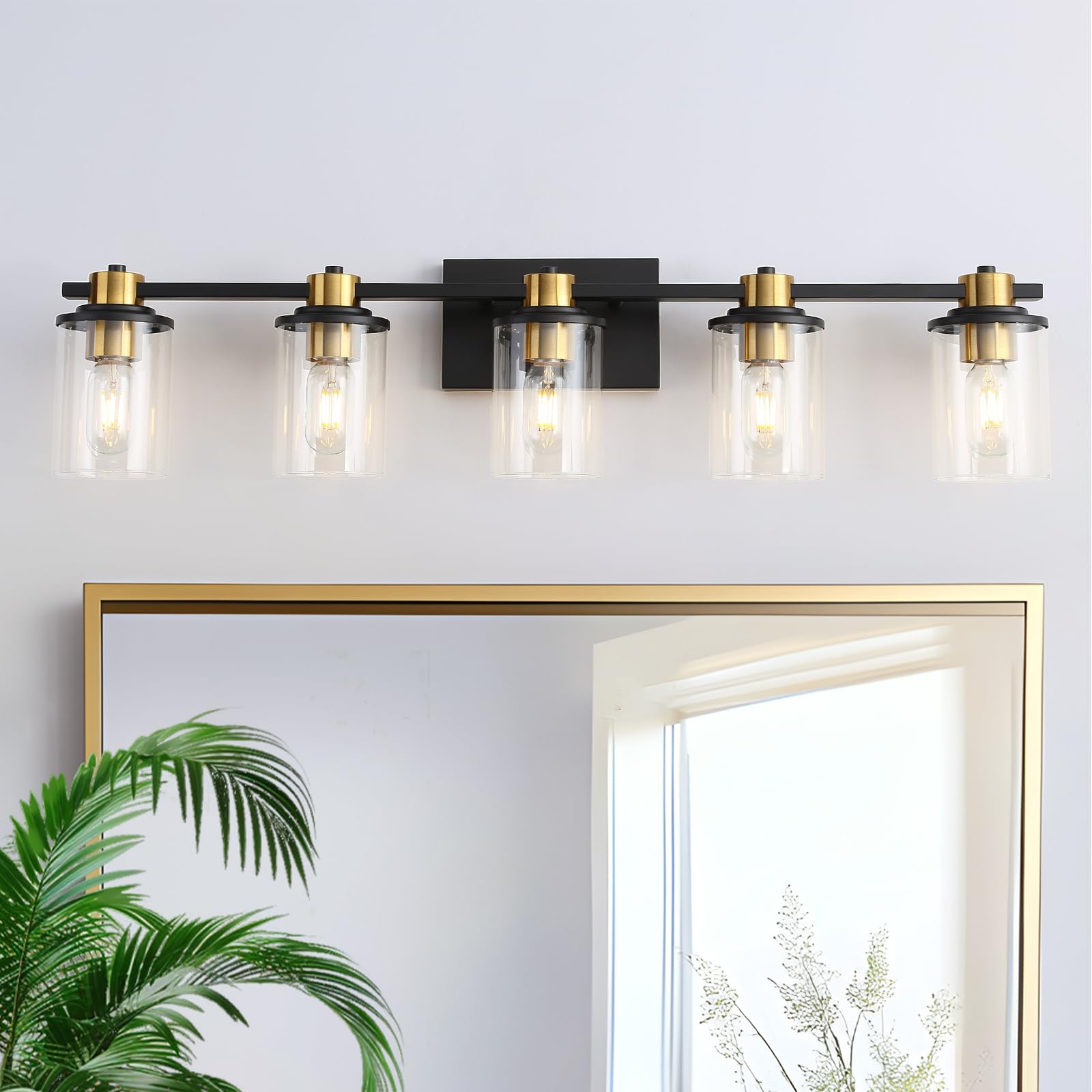 LOUSACE Bathroom Lighting Fixtures Black and Gold 5 Light Bathroom Vanity Light Over Mirror with Clear Glass Shades, Brushed Gold Socket Wall Vanity Lighting Fixtures for Bedroom Living Room
