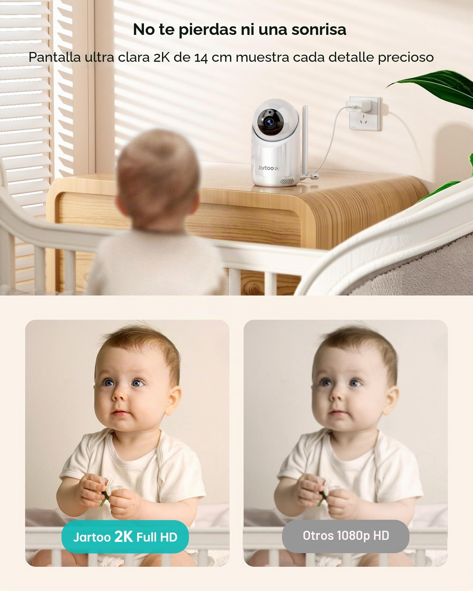 Jartoo Monitor de bebé con video 2K y cámara y audio, monitor de bebé de largo alcance de 567 metros sin WiFi, pantalla FHD de 5.5", cámara para bebé ANC inalámbrica, reloj de alimentación, visión