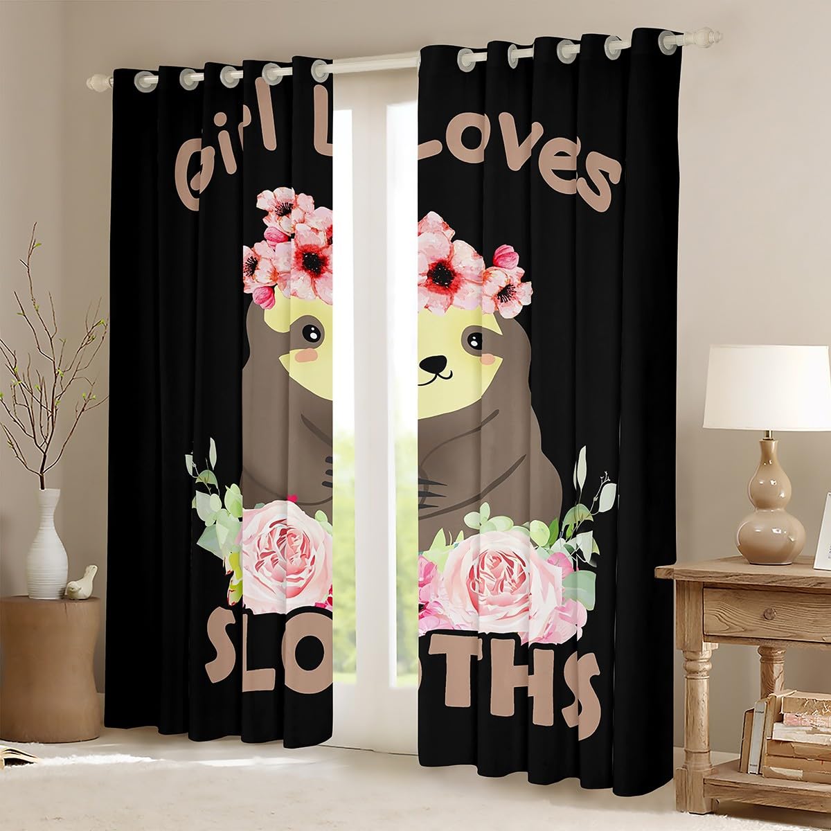 Feelyou Cute Sloth Darkening Dreapes Kawaii Animal Blackout Curtains Girl Loves Sloth Curtains for Bedroom Living Room Kids Adults Window Treatments (2 Panels, 42 x 84 Inch)