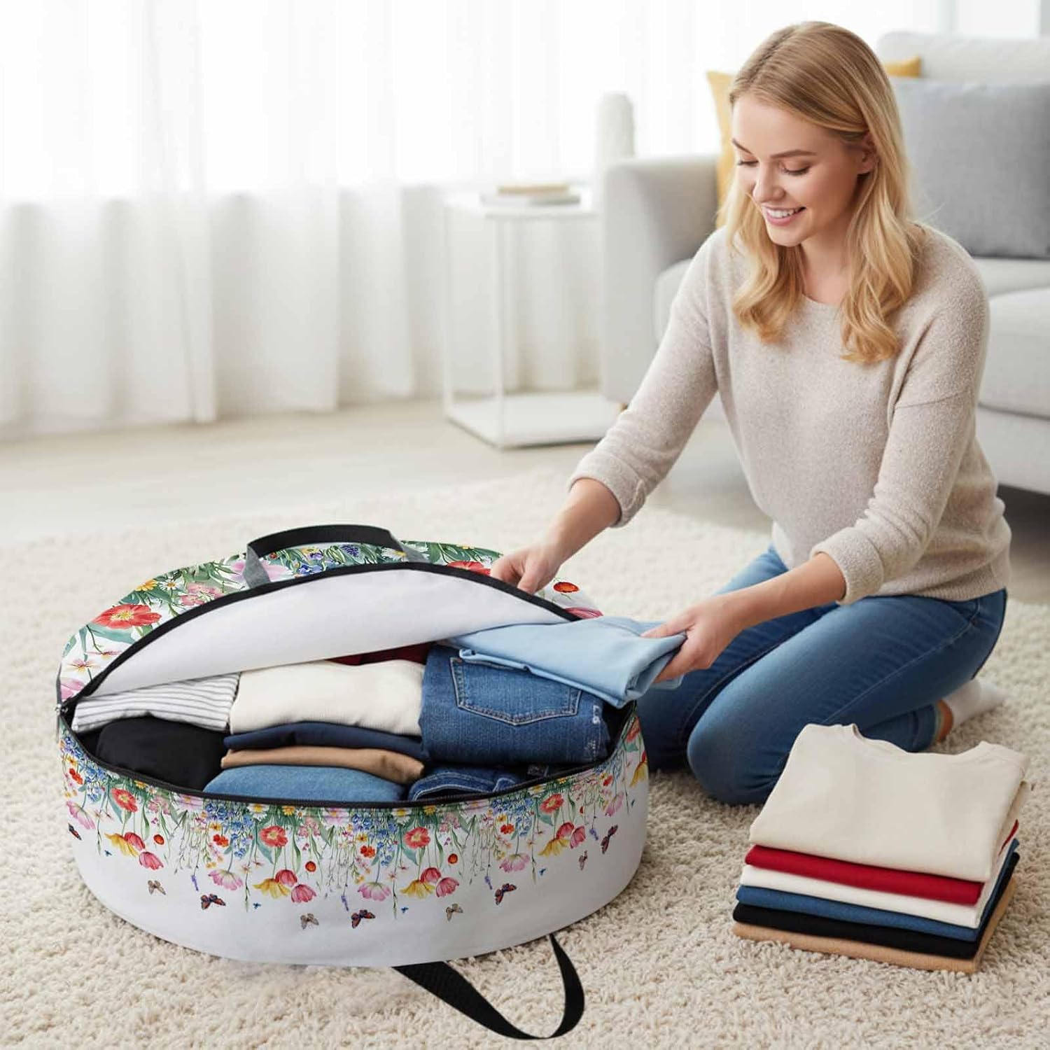 Spring Farmhouse Round Storage Bag 36 Inch, Floral Nature Colorful Wildflower Butterfly Clothes Storage Container with Handles Heavy Duty Organizer for Comforter, Bedding & Holiday Wreaths
