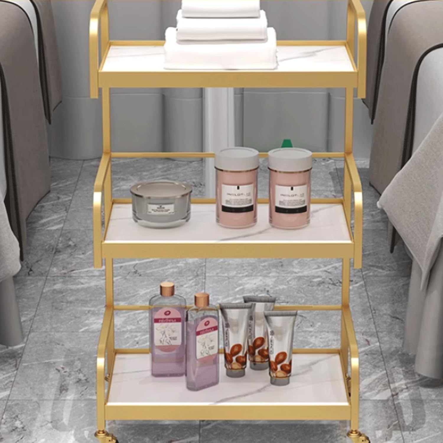 Mobiler Friseur-Arbeitsplatz, Salonwagen, Rollwagen for den Salon aus Metall, 3-stufiger Salonwagen, Ablagefächer, Rollwagen mit Rollen for den Aufbewahrungswagen for die Schönheit(Gold)