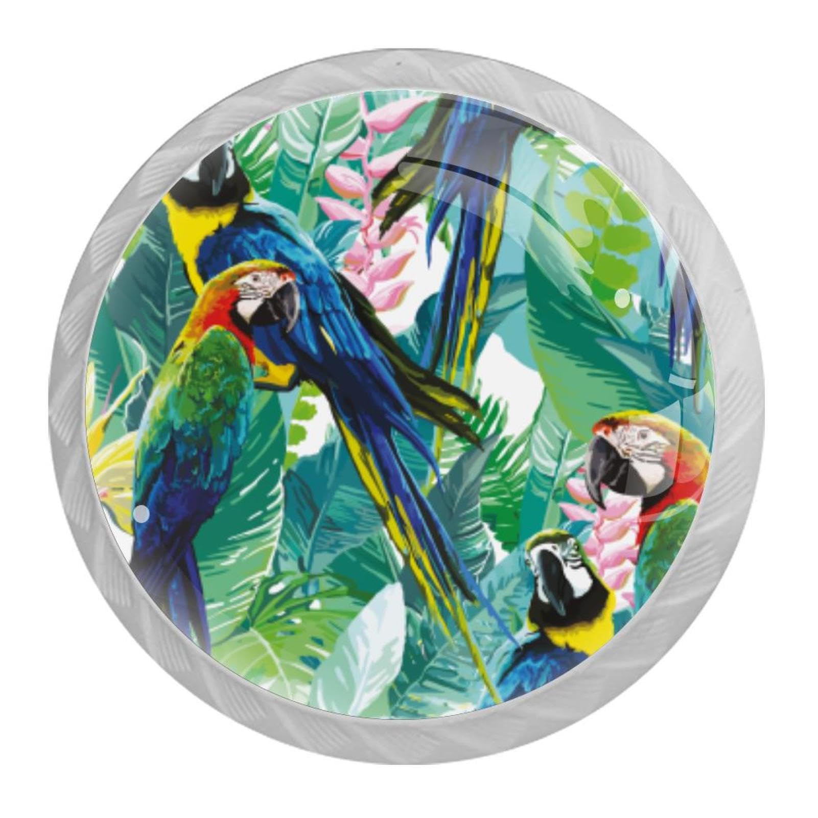 Tqmspg 4 Pieces Drawer Pulls Tropical Leaf Parrots Door Knobs Dresser Handles for Kitchen Wardrobe Cupboard Hardware Furniture