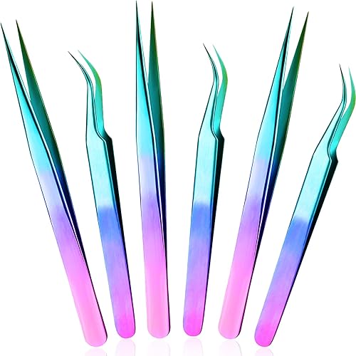 Mudder 6 Pcs Lash Tweezers High Precision Eyelash Tweezers for Lash Extension, Straight and Curved Tip, Stainless Steel for Volume Eyelash Cluster Tools Girls Women Beginners(Laser)