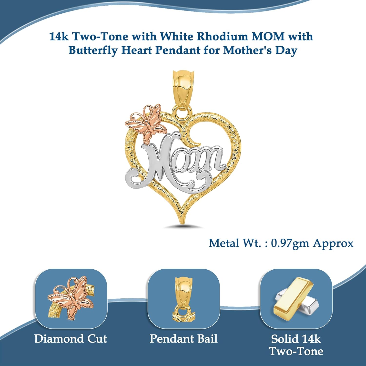 DewberryDiamonds 14k Two-tone with White Rhodium MOM with Butterfly Heart Pendant for Mother's Day (Weight : 0.97 gm, Length : 20 mm, Width : 15 mm)