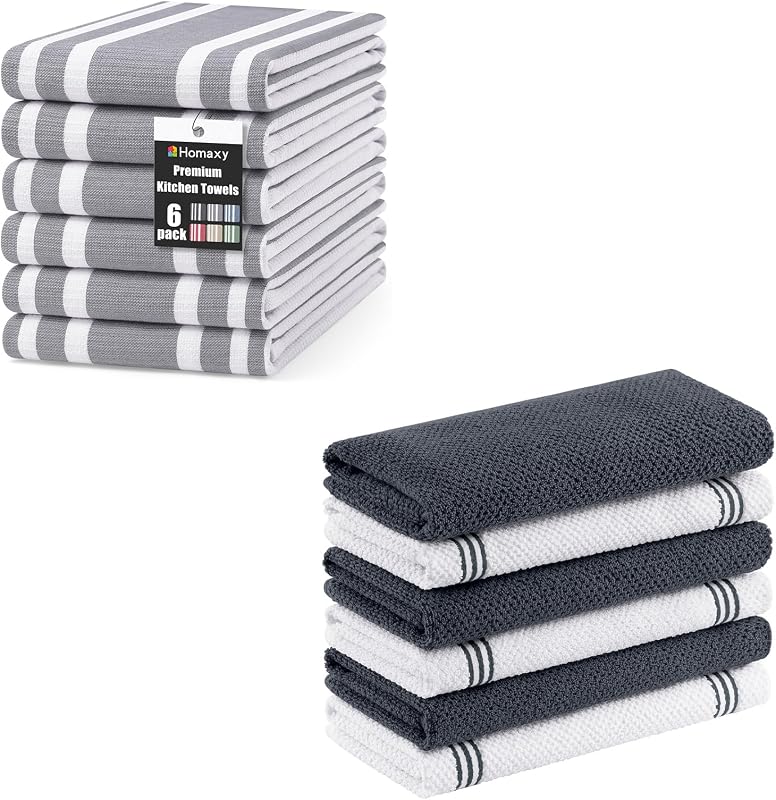 Premium Kitchen Towels 18”x 28”(6 Pack, Grey), Highly Absorbent Tea Towel Set with Hanging Loop and Premium Cotton Kitchen Towels(16" x 26", 6 Pack, Dark Grey)