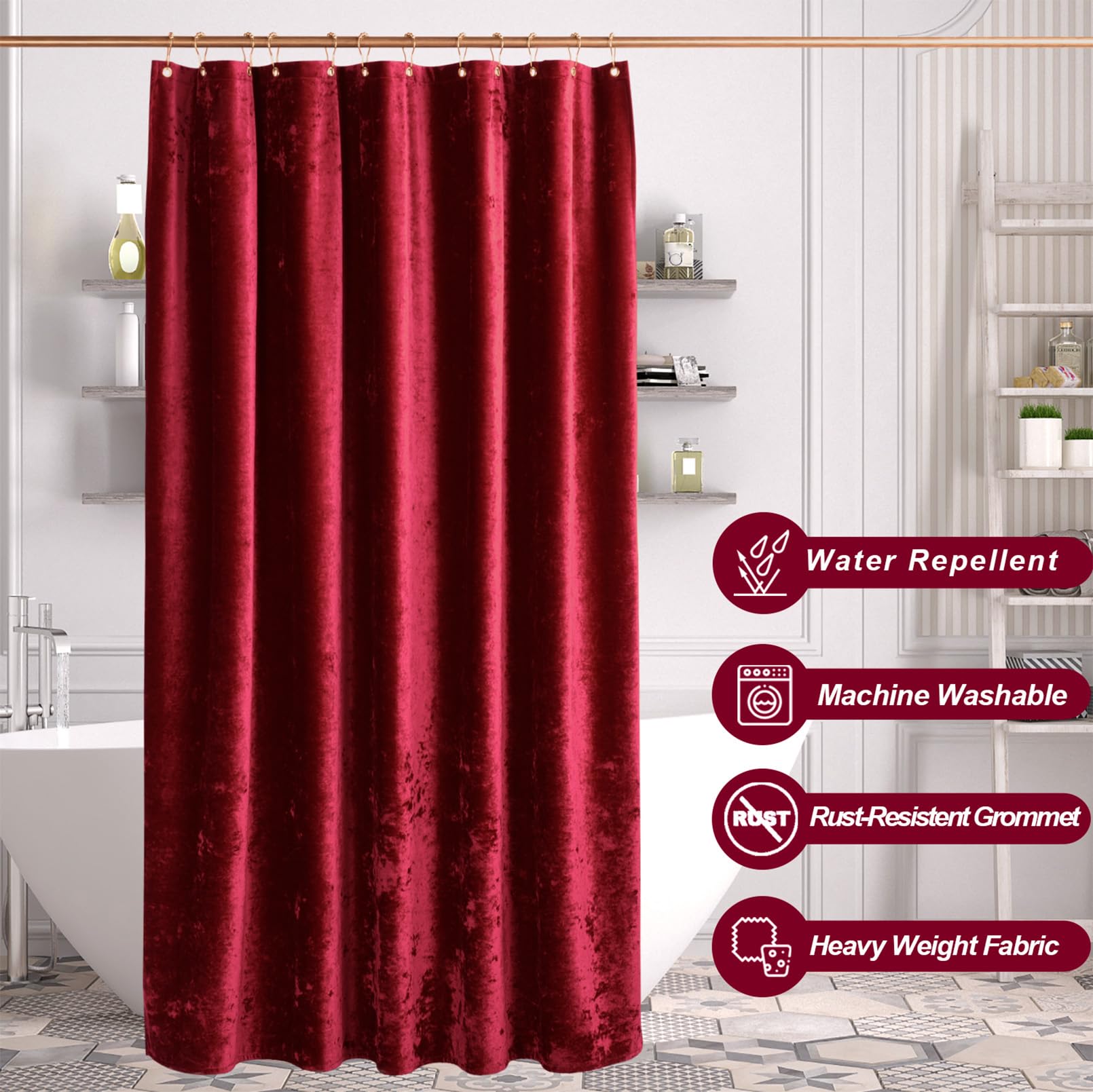 TAMGHO Tenda da doccia rossa per bagno, lussuosa tenda da doccia in velluto riccio rosso, tenda da doccia scura con ganci in metallo dorato Decro, tessuto spesso lavabile in lavatrice, bordeaux, 183 x