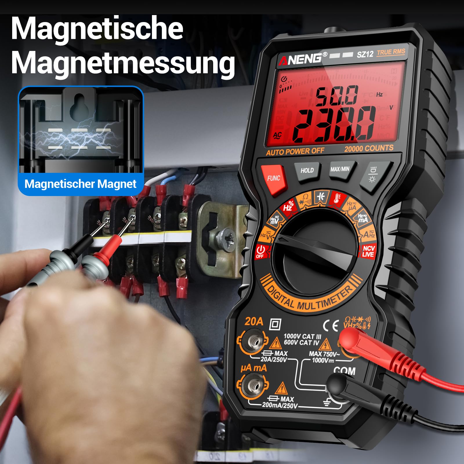 ANENG Multimeter, 20000 Counts TRMS Voltmeter, Max/Min,AC/DC,NCV für Kfz | Misst AC/DC-Spannung und -Strom, Widerstand, Kapazität und Dioden; großes LCD mit Hintergrundbeleuchtung,Magnethalterung