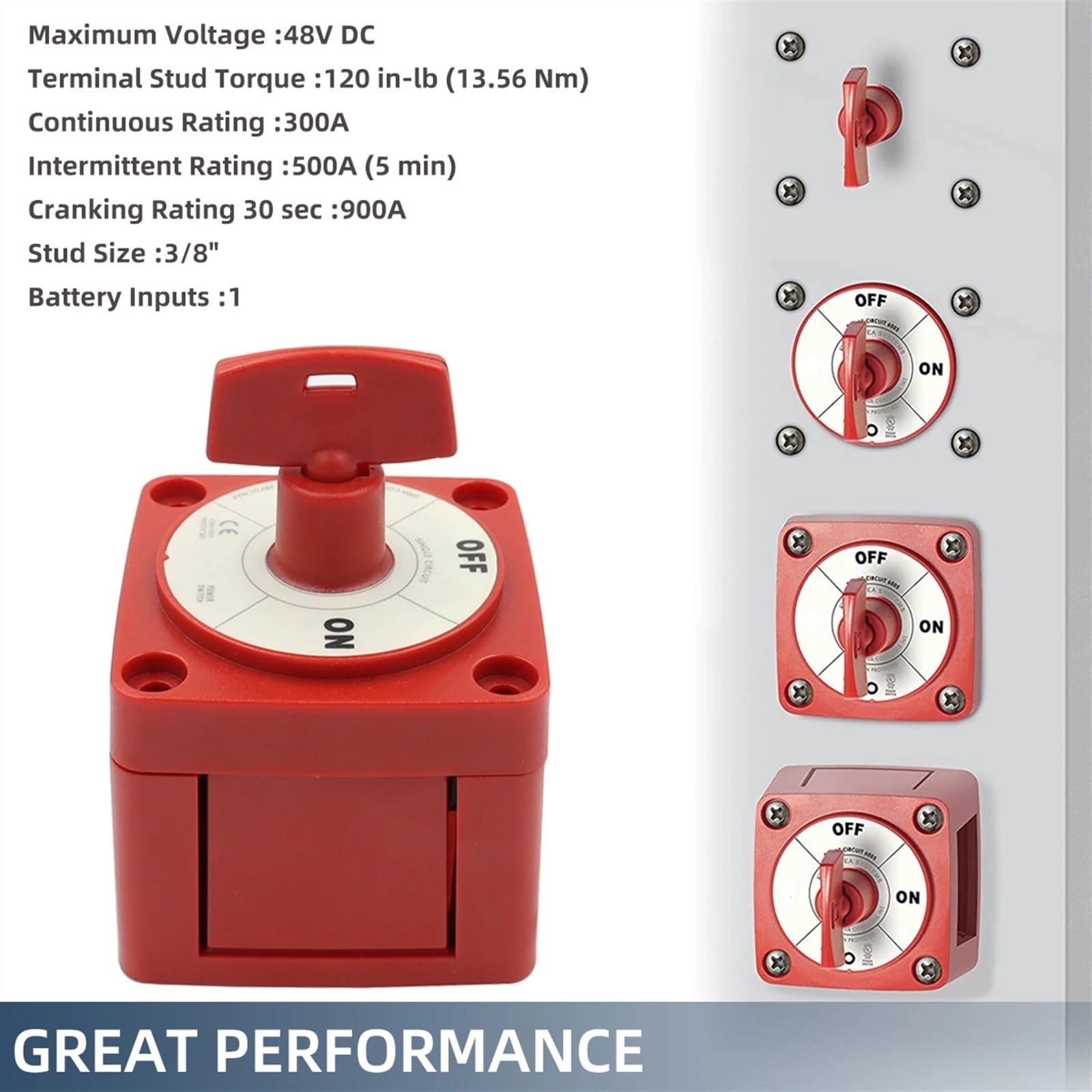 6004 M-Series Mini 48V 300Amp Impermeable RV Coche Barco Selector de batería aislador desconexión Interruptor de Circuito único con Llave de Bloqueo