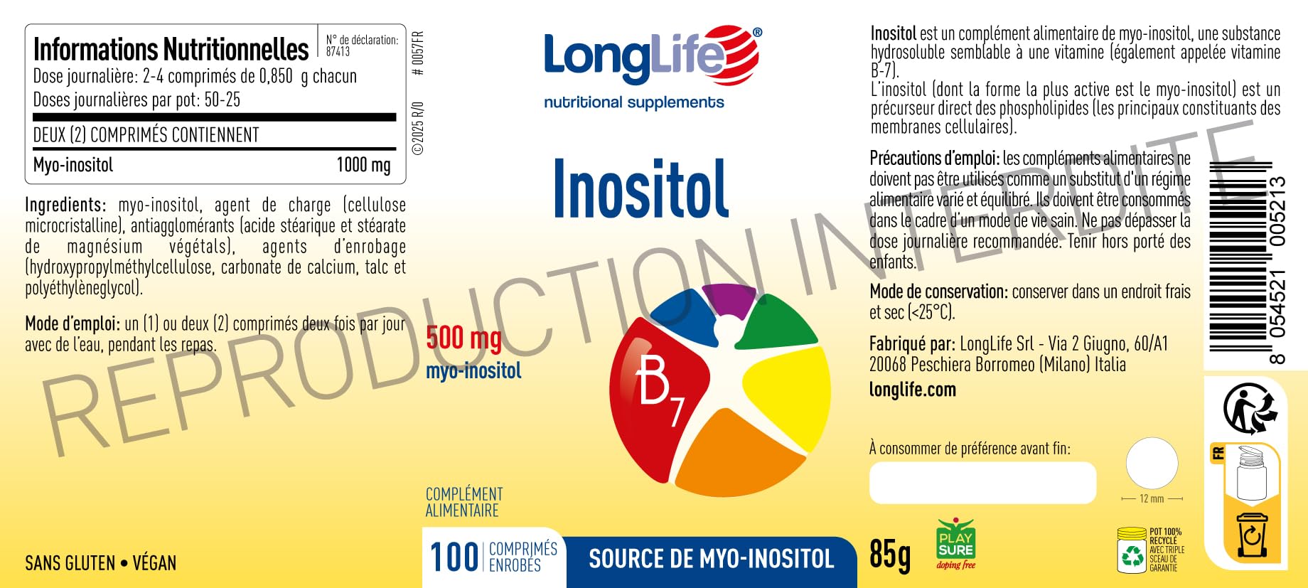 LongLife® Inositol | Source de myo-inositol | 500 mg d'inositol issu du maïs | Dosage optimal | Bien-être féminin et métabolisme des lipides | Jusqu'à 50 jours de traitement | Sans gluten et végan