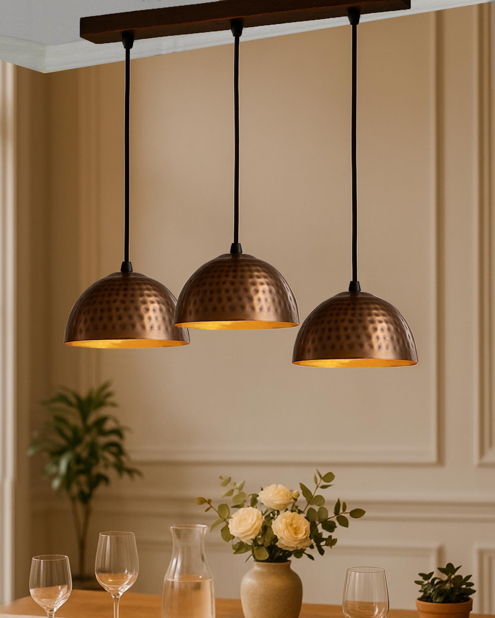 Homesake®3-Lights Linear Cluster Chandelier Antique Copper Hammered 8" Pendant Hanging Pendant Light, Kitchen Area and Dining Room Light-image-34