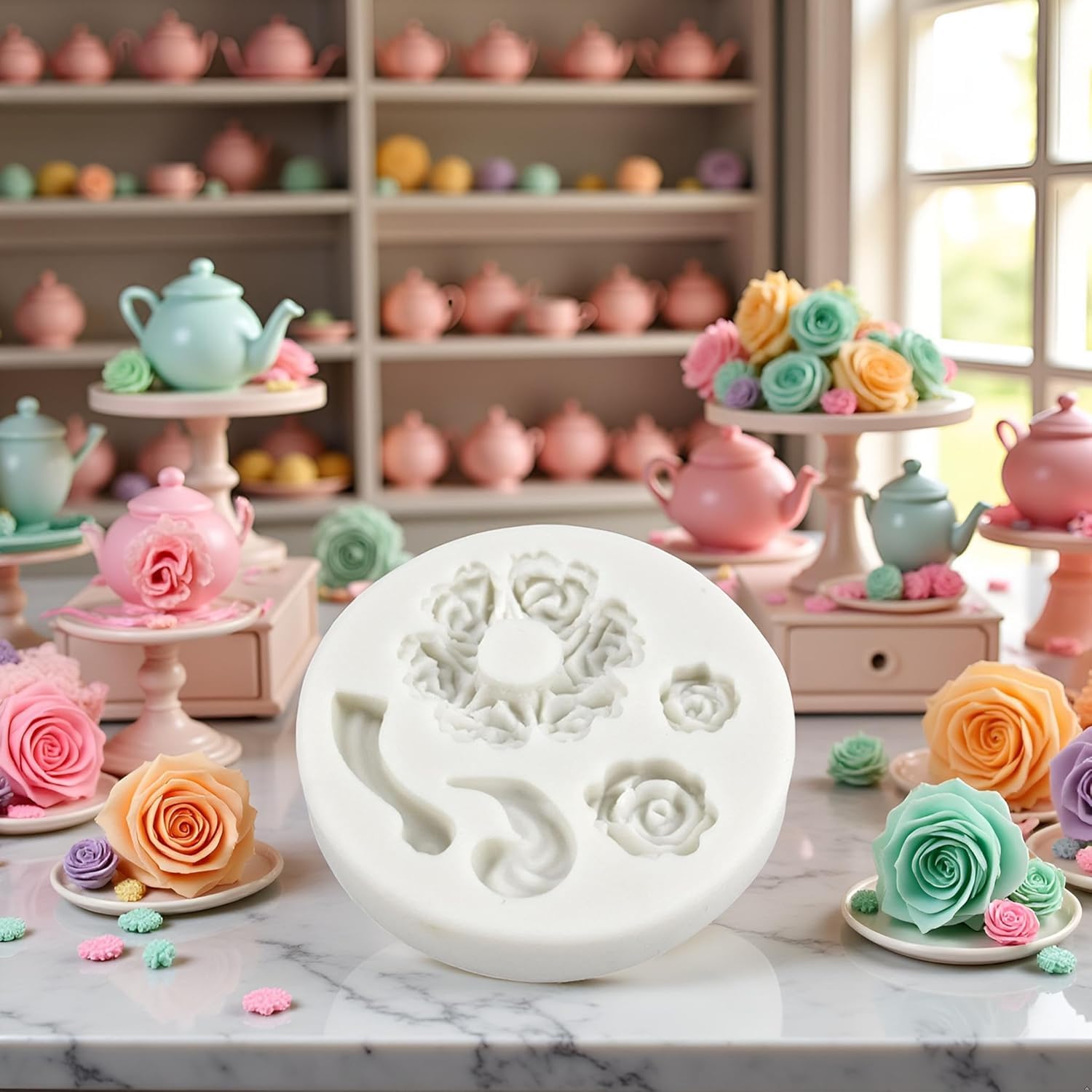 Mini Rose & Teapot Silicone Mold - Food Grade For Fondant, Chocolate & Candy Decorating