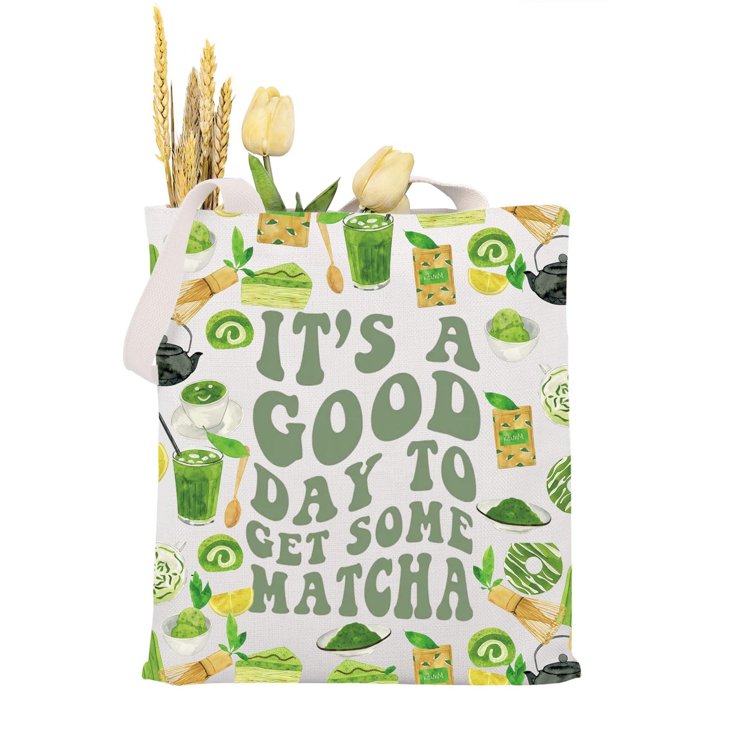 MAOFAED It’s A Good Day To Get Some Matcha Canvas Tote Bag Matcha Lover Gift Shoulder Bag Handbag For Shopping Travel