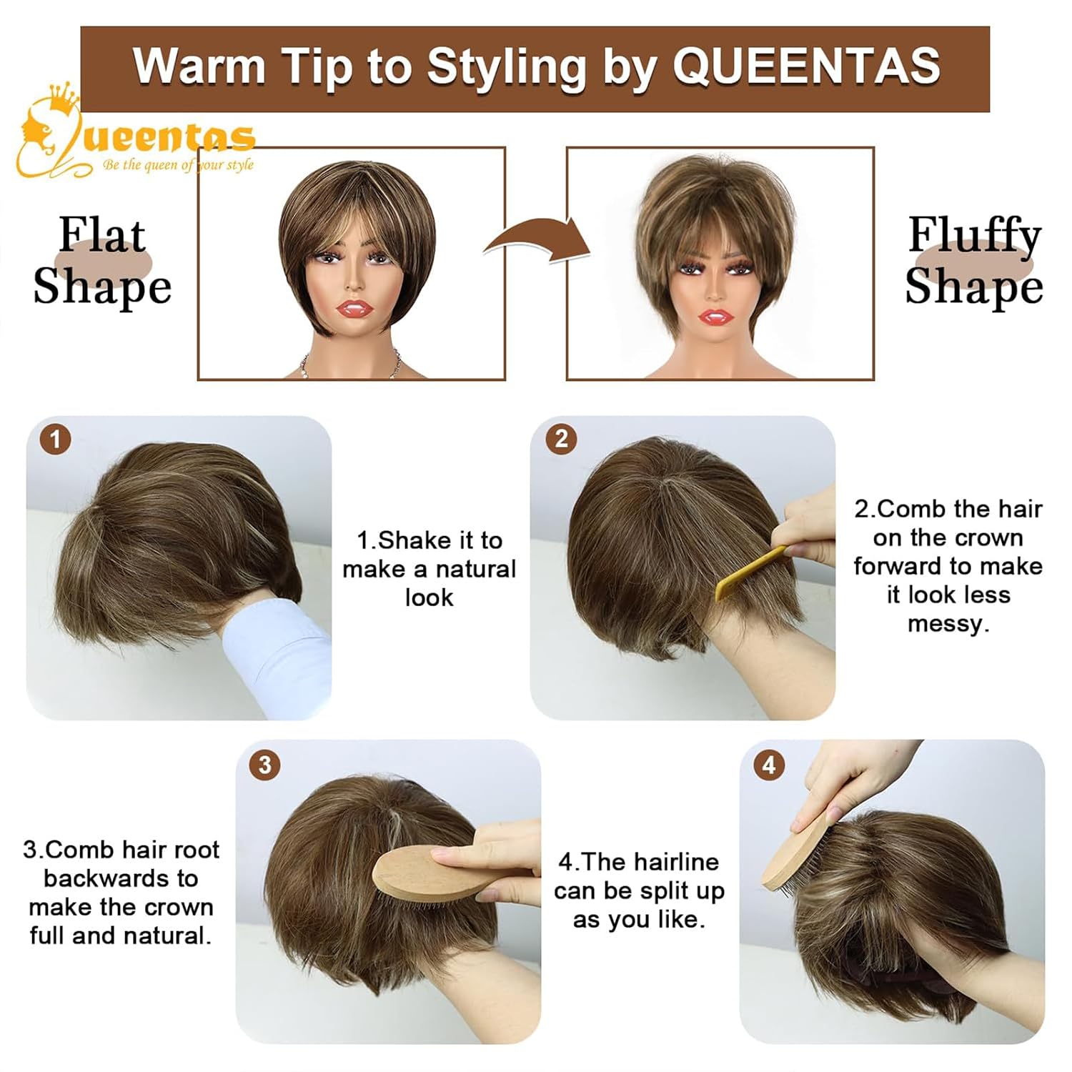 QUEENTAS Short Hair Wigs for Women Brown Bob with Bangs Pixie Cut Wig Synthetic Hair Wigs Daily Use or Cosplay (Dark Brown Highlingt Blonde)
