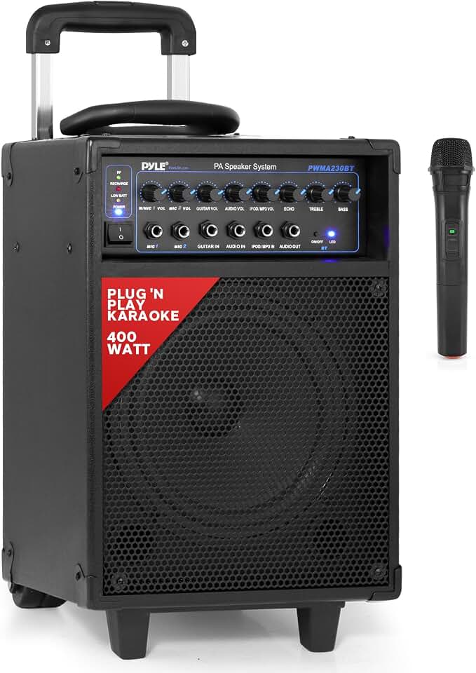 Wireless Portable PA System-400W Bluetooth Compatible Rechargeable Battery Powered Outdoor Sound Stereo Speaker Microphone Set w/H