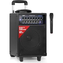 Wireless Portable PA Speaker System - 400W Bluetooth Compatible Rechargeable Battery Powered Outdoor Sound Stereo Speaker Microphone Set w/Handle, Wheels - 1/4" to AUX, RCA Cable - Pyle PWMA230BT