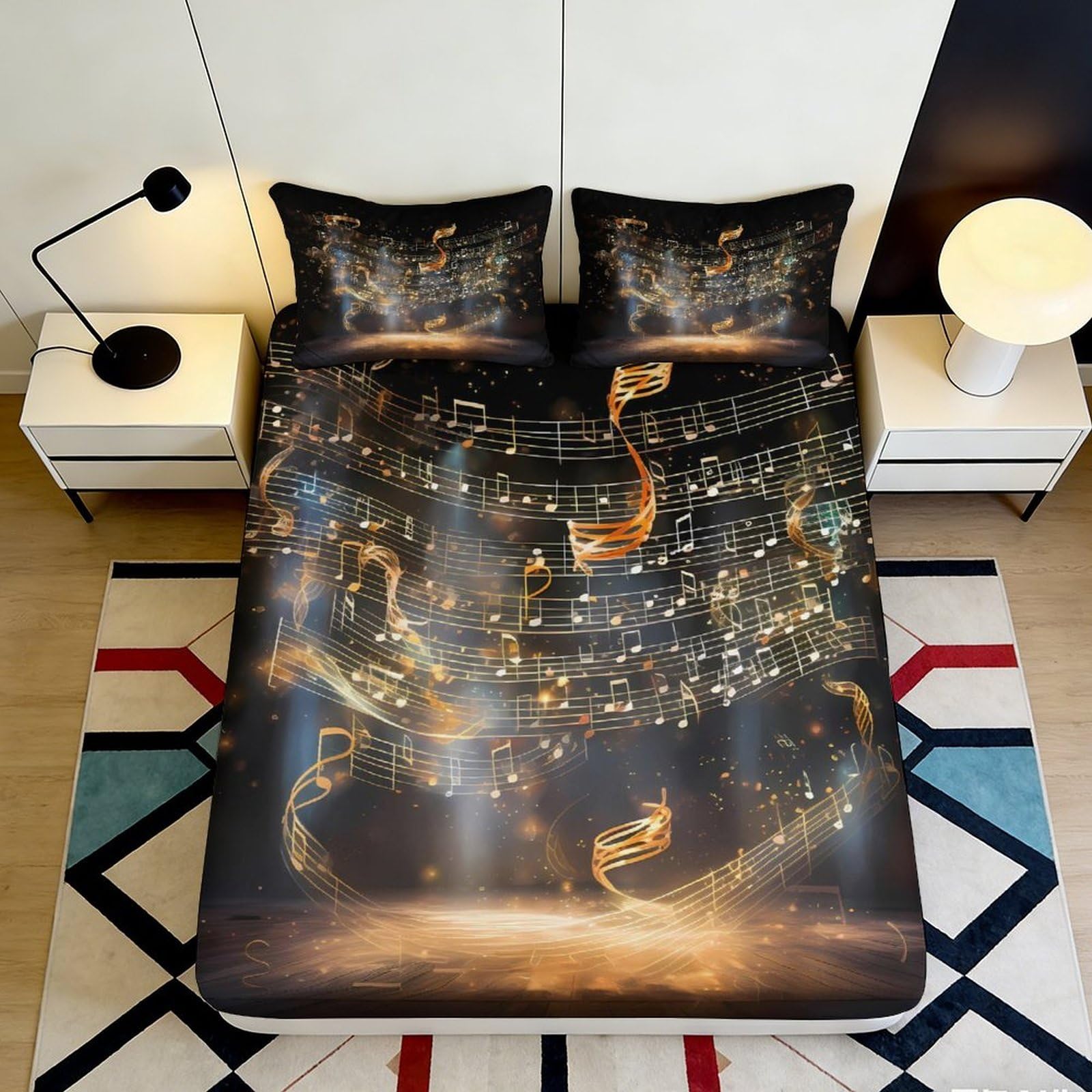 3D Printed Musical Note Fitted Sheet Microfiber Soft Black Gold Music Sheet Bed Cover for Bedroom Dorm Mattress Protector 160x200x25cm