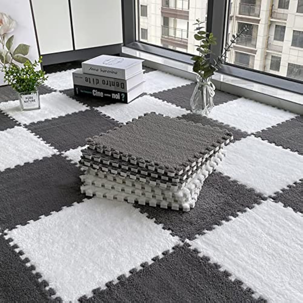 Soft Velvet Interlocking Floor Mat Tiles | Plush Puzzle Carpet Mats for Living Room, Bedroom & Kids Play Area | Anti-Slip Foam Tiles | Multicolour (10)-picture-23