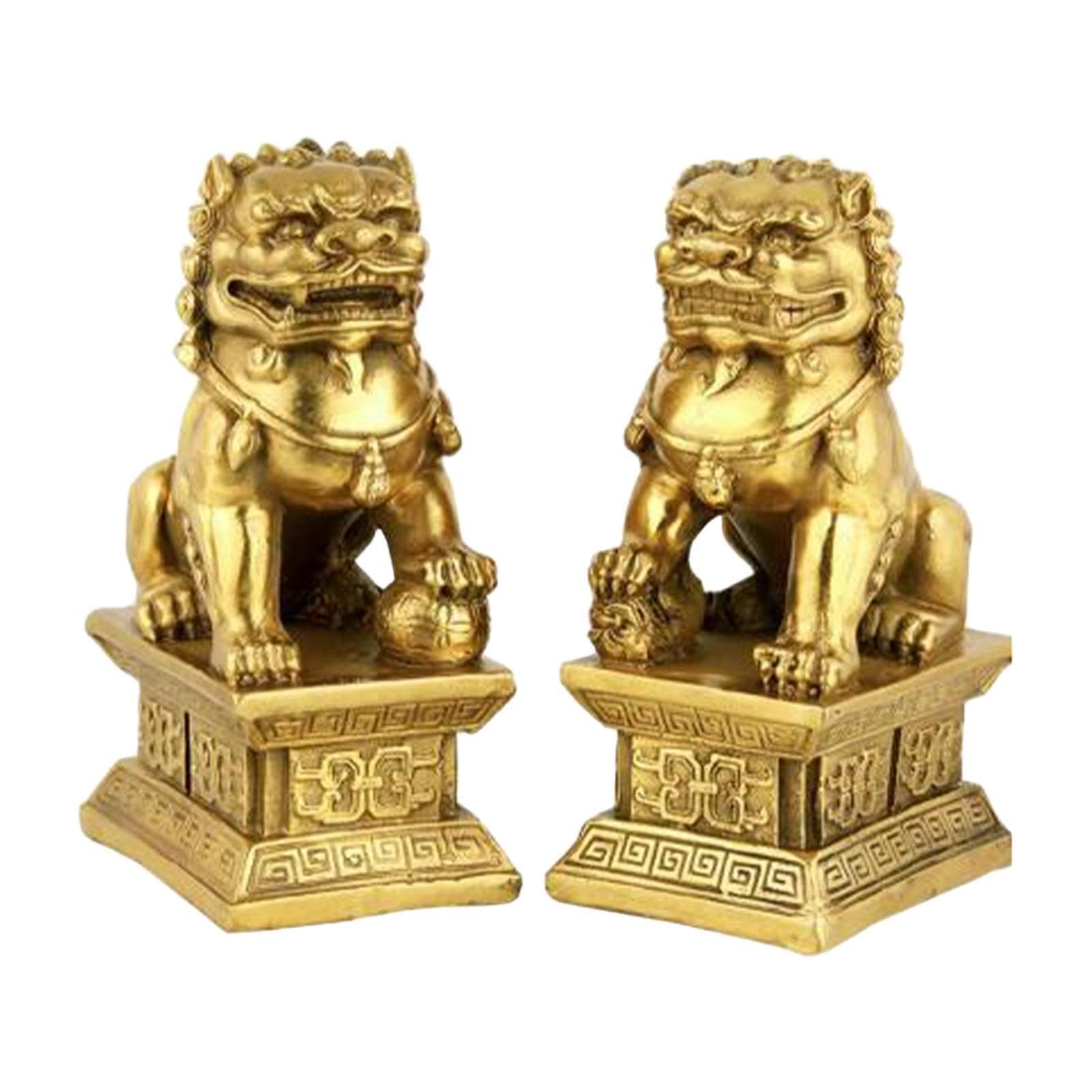 Lot de 2 Figurines de Lions Gardiens Fu Dog, Cadeau de félicitations et Porte- (9 cm x 6 cm x 16), doré, 9 6 16